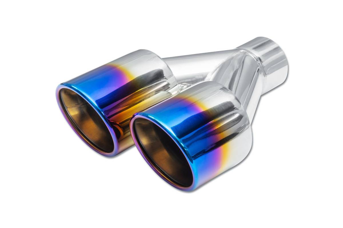 Blue Flame Double Wall DUAL Exhaust Tip — 3.5" Outlets / 2.25" Inlet / 9.75" Length — Passenger Side (Staggered)