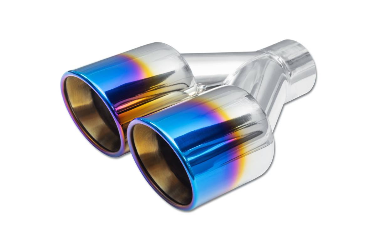 Blue Flame Angle Cut Rolled Edge Double Wall DUAL Exhaust Tip — 3.5" Outlets / 2.25" Inlet / 9.5" Length / 7.25" Width — Non-Staggered