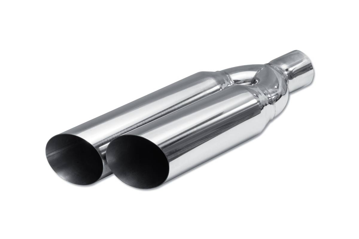 Polished Stainless Single Wall DUAL Exhaust Tip — 3.5" Angle Cut Outlets / 2.5" Inlet / 18.0" Length / 7.5" Width — Staggered