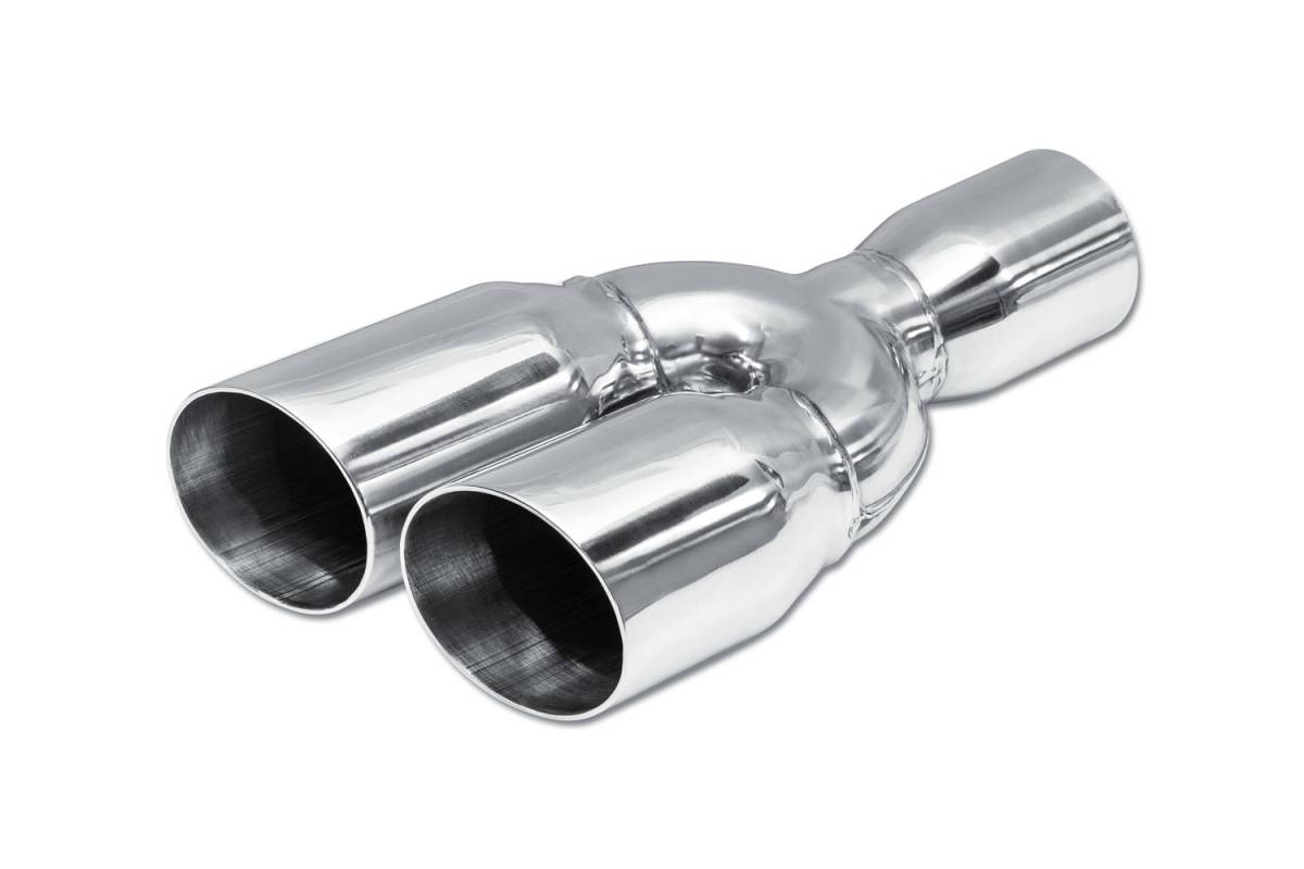 Polished Stainless Angle Cut Double Wall DUAL Exhaust Tip — 3.5" Outlets / 3.0" Inlet / 15.0" Length / 7.5" Width — Staggered