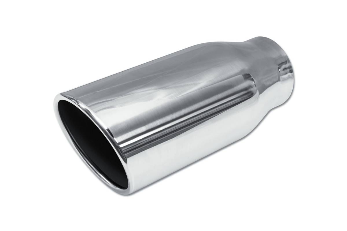 Polished Stainless Single Wall SINGLE Exhaust Tip — 5.0" 15° Angle Cut Rolled Edge Outlet / 3.5" Inlet / 12.0" Length