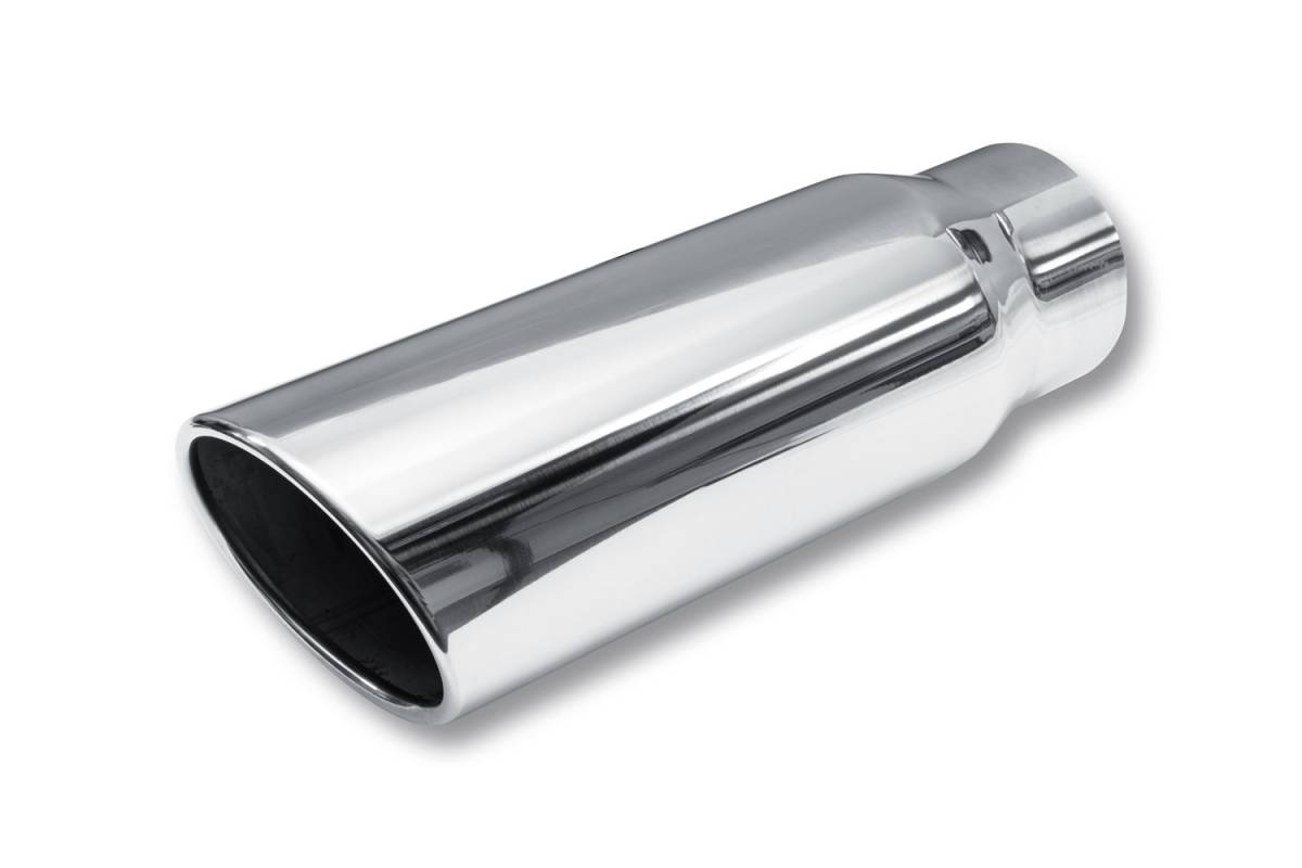 Polished Stainless Single Wall SINGLE Exhaust Tip — 5.0" 15° Angle Cut Rolled Edge Outlet / 4.0" Inlet / 15.0" Length