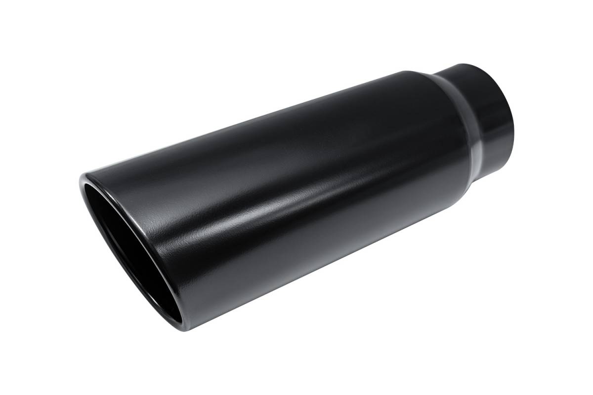 Black Powder Coat Single Wall Exhaust Tip — 5.0" 15° Angle Cut Rolled Edge Outlet / 4.0" Inlet / 15.0" Length