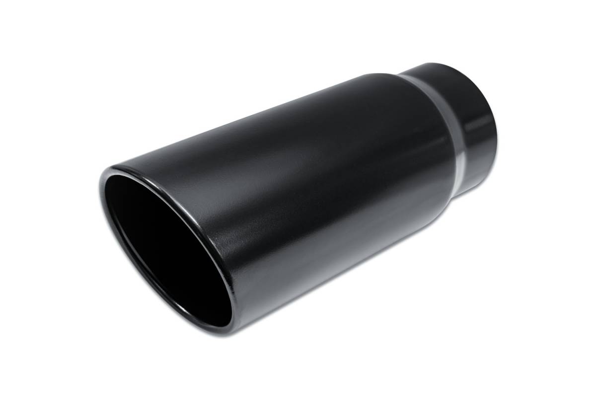 Black Powder Coat Single Wall Exhaust Tip — 6.0" 15° Angle Cut Rolled Edge Outlet / 4.0" Inlet / 15.0" Length